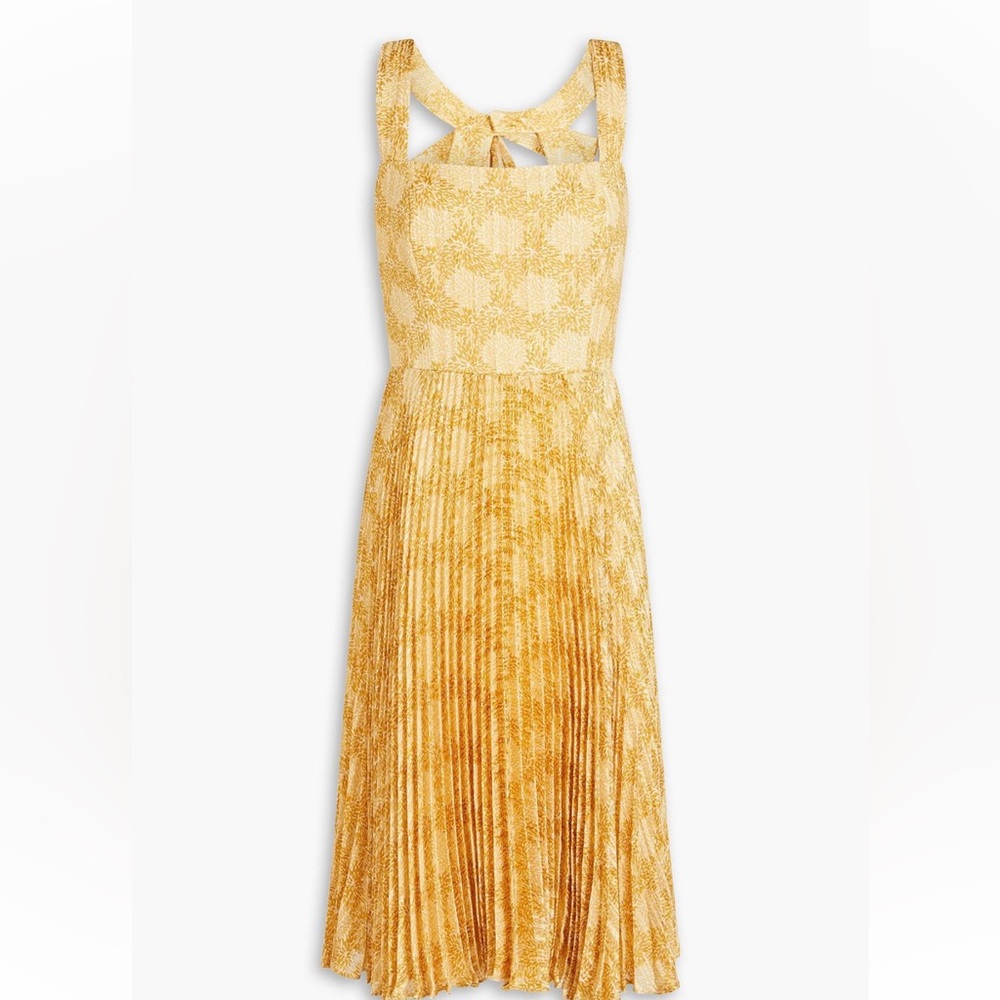 Cutout pleated printed jacquard dress